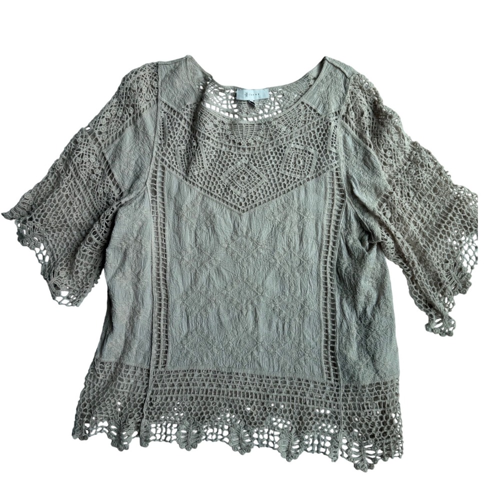 Fever Womens Boho Crochet Embroidered Top Beige Short Sleeve Medium